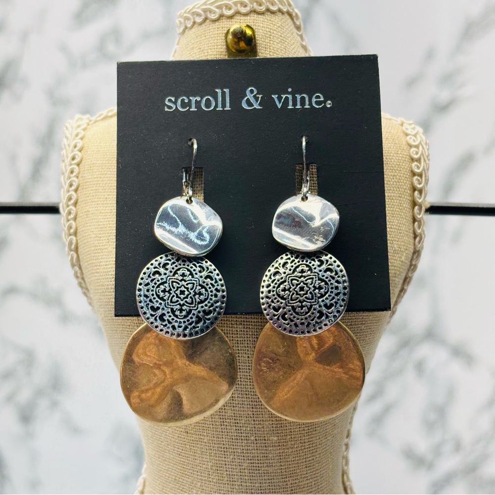 Scroll & Vine Mixed Metal Drop Earrings - Silver & Hammered Copper Tones